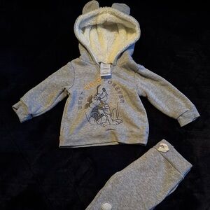 Gray Hoodie and Pants Set with Cartoon Print